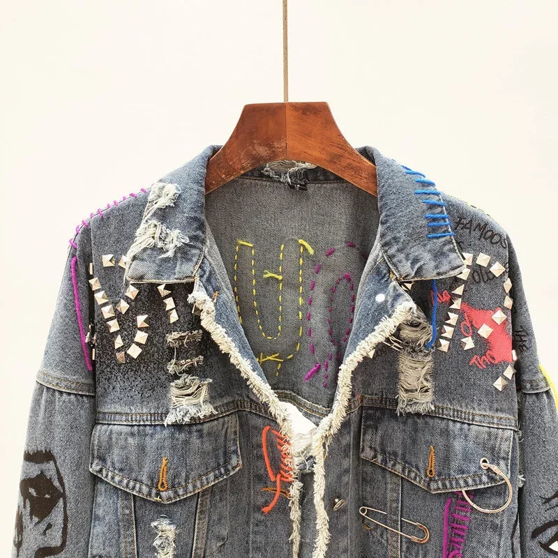 Fringe Frayed Denim Jacket - Rivet Detail