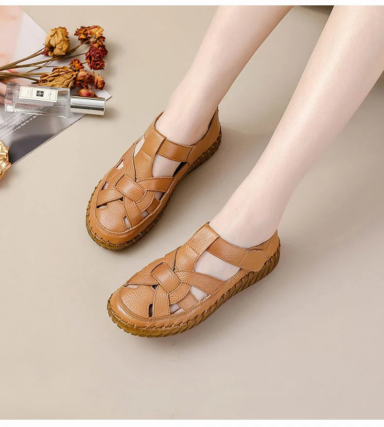 New patches gladiator sandals women's handmade bohemian shoes big size 43 woman real leather sandal ladies patchwork strap flats