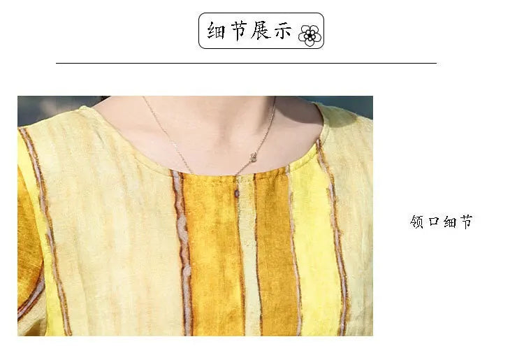 100% Linen Women Casual T-shirts New Arrival 2026 Summer O-neck Striped Loose Comfortable Female Half Sleeve Tops Tees M2571