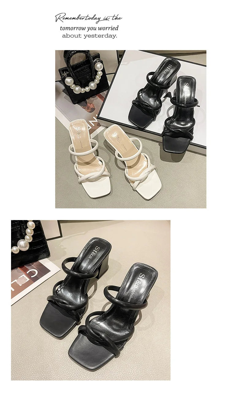 New Summer Fashion Bare-Toed Square-Head Mid-Heel Shoes Pleated Chunky Sandals with A-Line Single Shoe Women