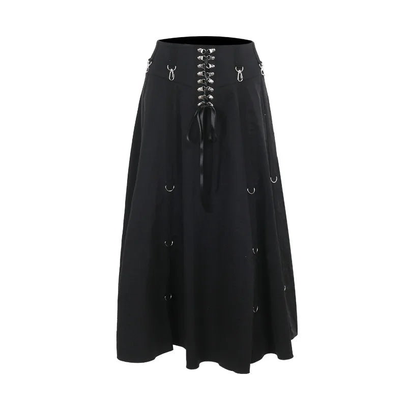 Goth Punk Lace-Up Long Skirt - Black Irregular A-Line with Rings