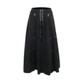 Goth Punk Lace-Up Long Skirt - Black Irregular A-Line with Rings