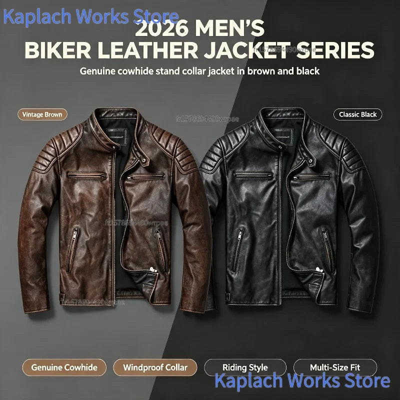 IRON HIDE - Men's 100% Genuine Cowhide Motorcycle Jacket - Stand Collar Biker Leather Coat Plus Size