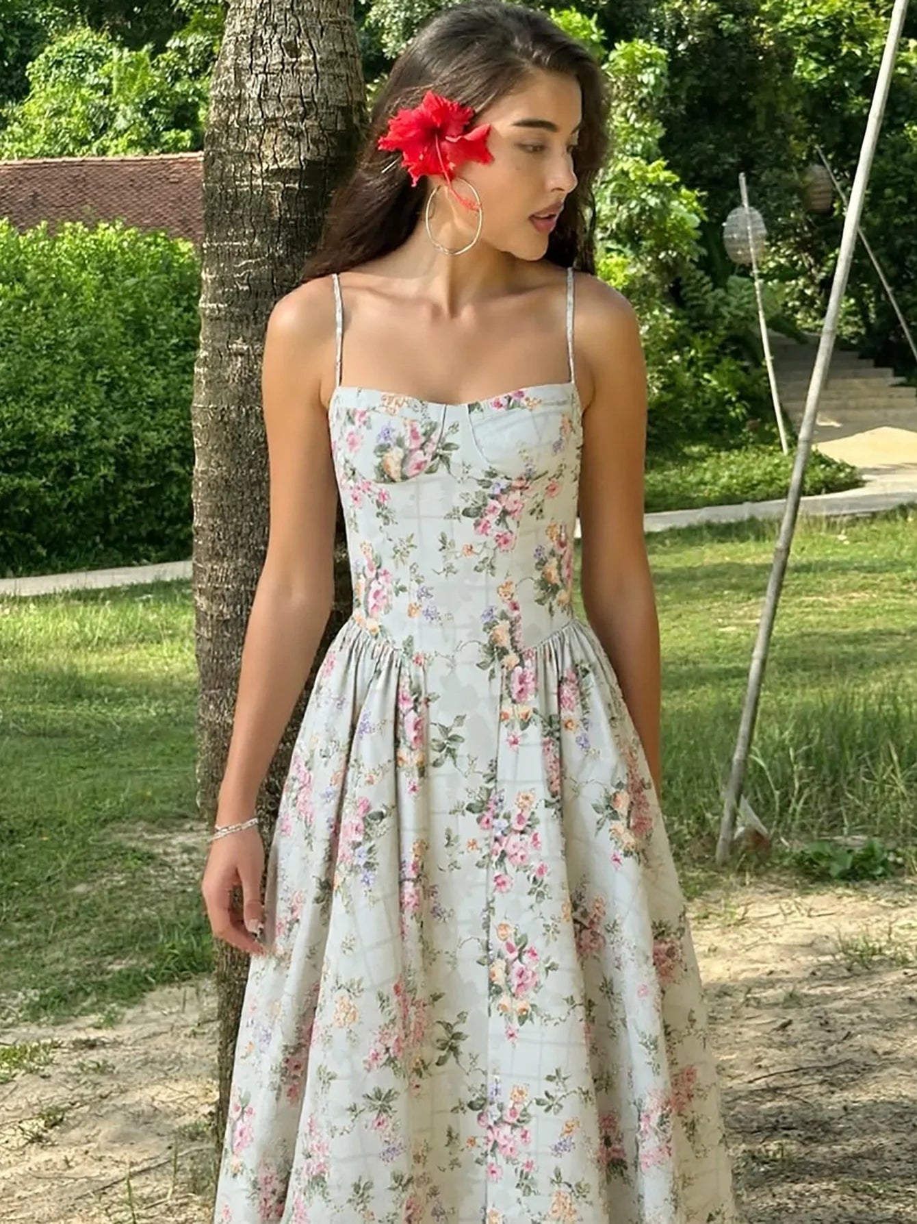 Vintage Floral Midi Dress Women's High Waist A-Line Sundress Green Dresses Summer Female 2025 Wedding Guest New White Evening