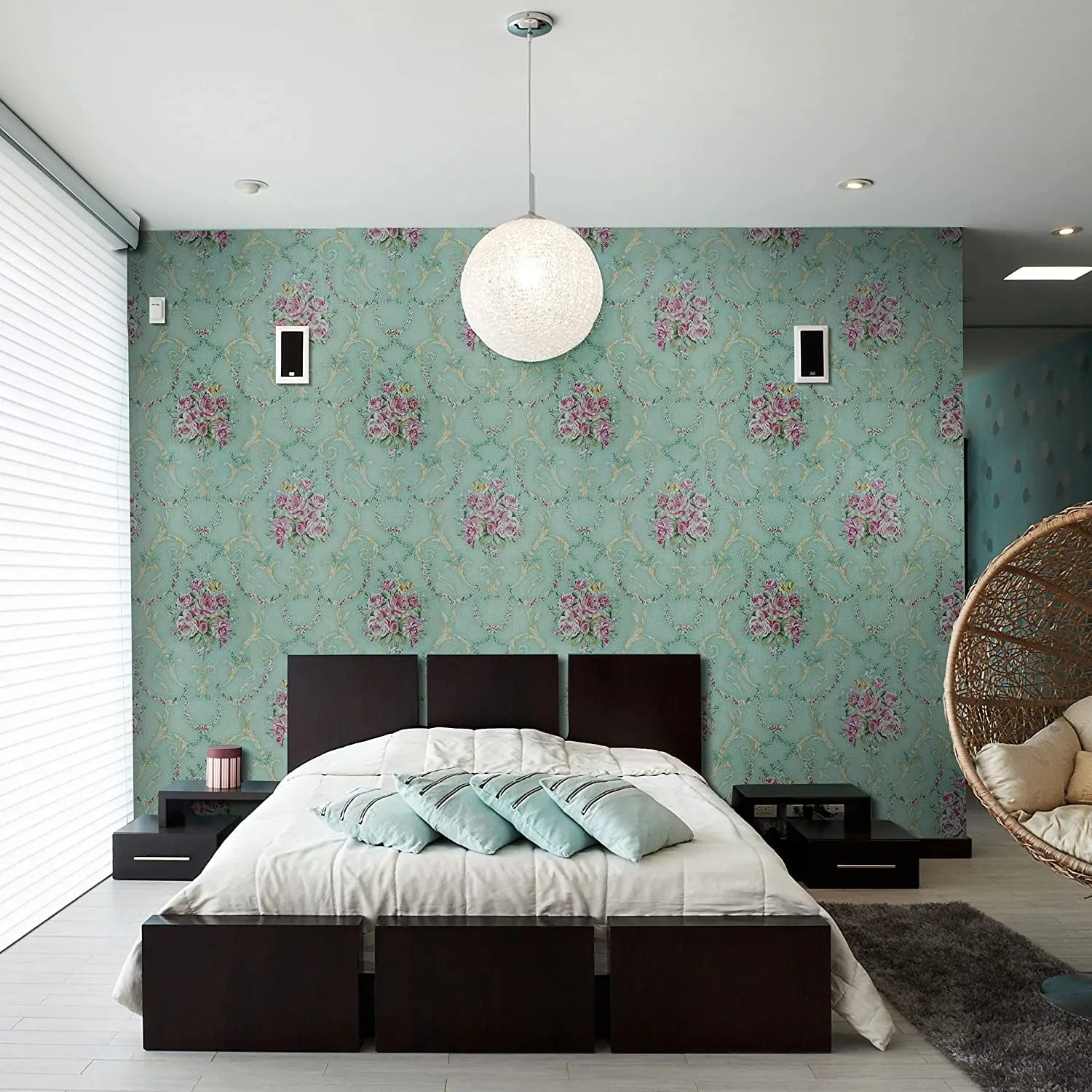 GREEN FLORAL PEEL & STICK WALLPAPER - Retro Bloom, 3 Roll Sizes - Soft Walls