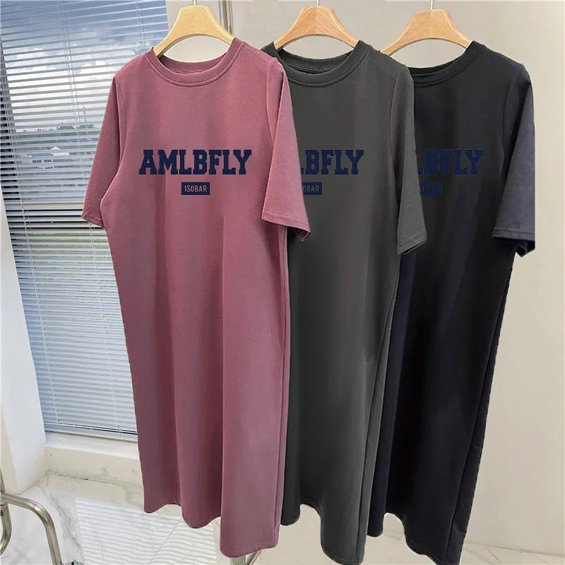 Women's Loose T-shirt Dress Plus Size Summer Casual Letter Print Short Sleeve O-neck Split Long Dress
