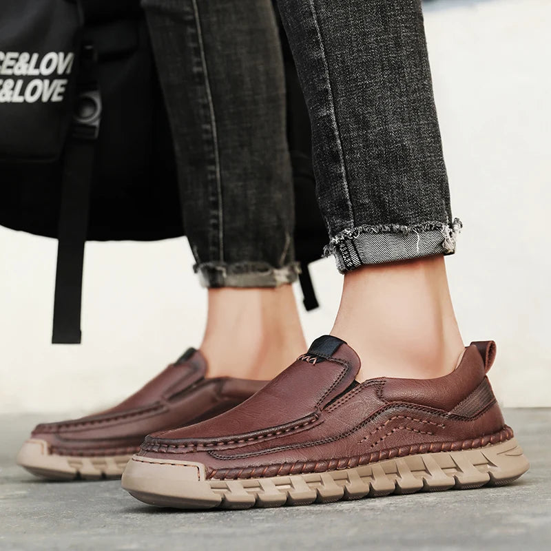 EASY GRAIN - Men's Handmade Split Leather Loafers - Flat Moccasins, Casual Comfort