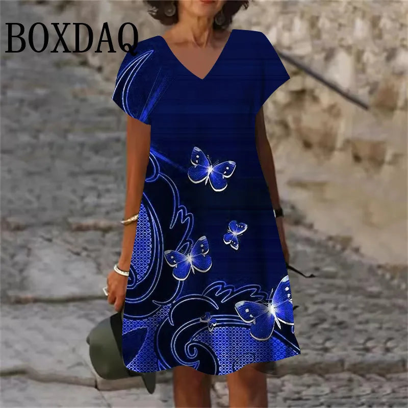 9XL Large Sizes Dress Women Sundress Casual V-Neck Short Sleeve Loose Dress Summer Retro Flowers Plant Print Dress Plus Size 8XL