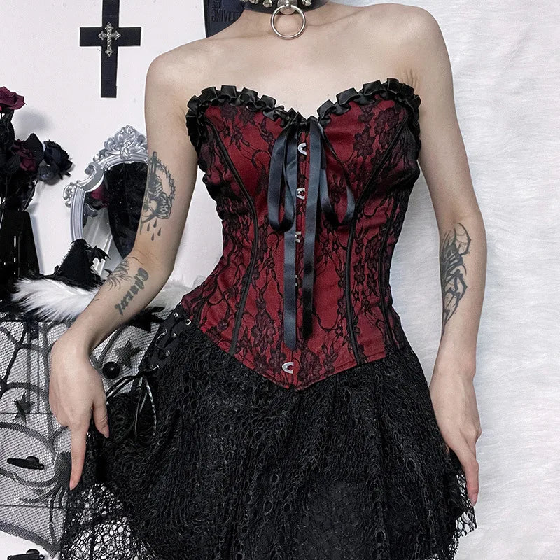 Unholy Lace Halter - Black Goth Corset Top With Cross And Red Velvet