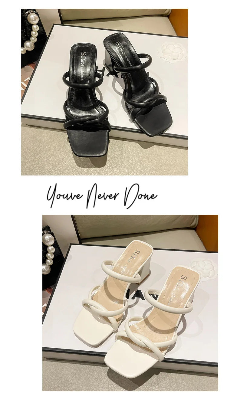 New Summer Fashion Bare-Toed Square-Head Mid-Heel Shoes Pleated Chunky Sandals with A-Line Single Shoe Women