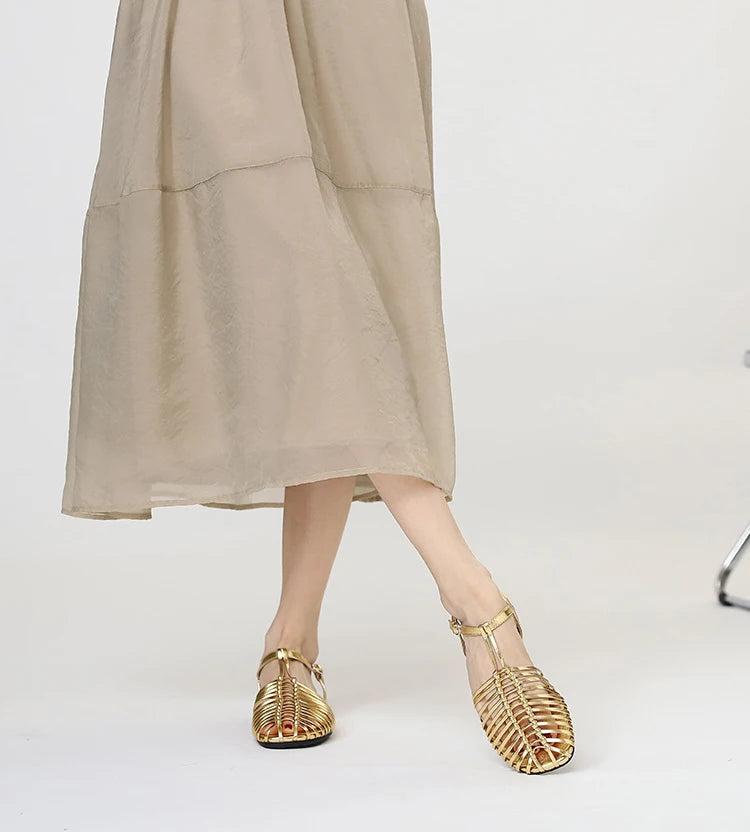 Band Flat Sandals Women Summer Round Toe Ankle Buckle Hollow Roman Sandal Plus Size Beach Shoe