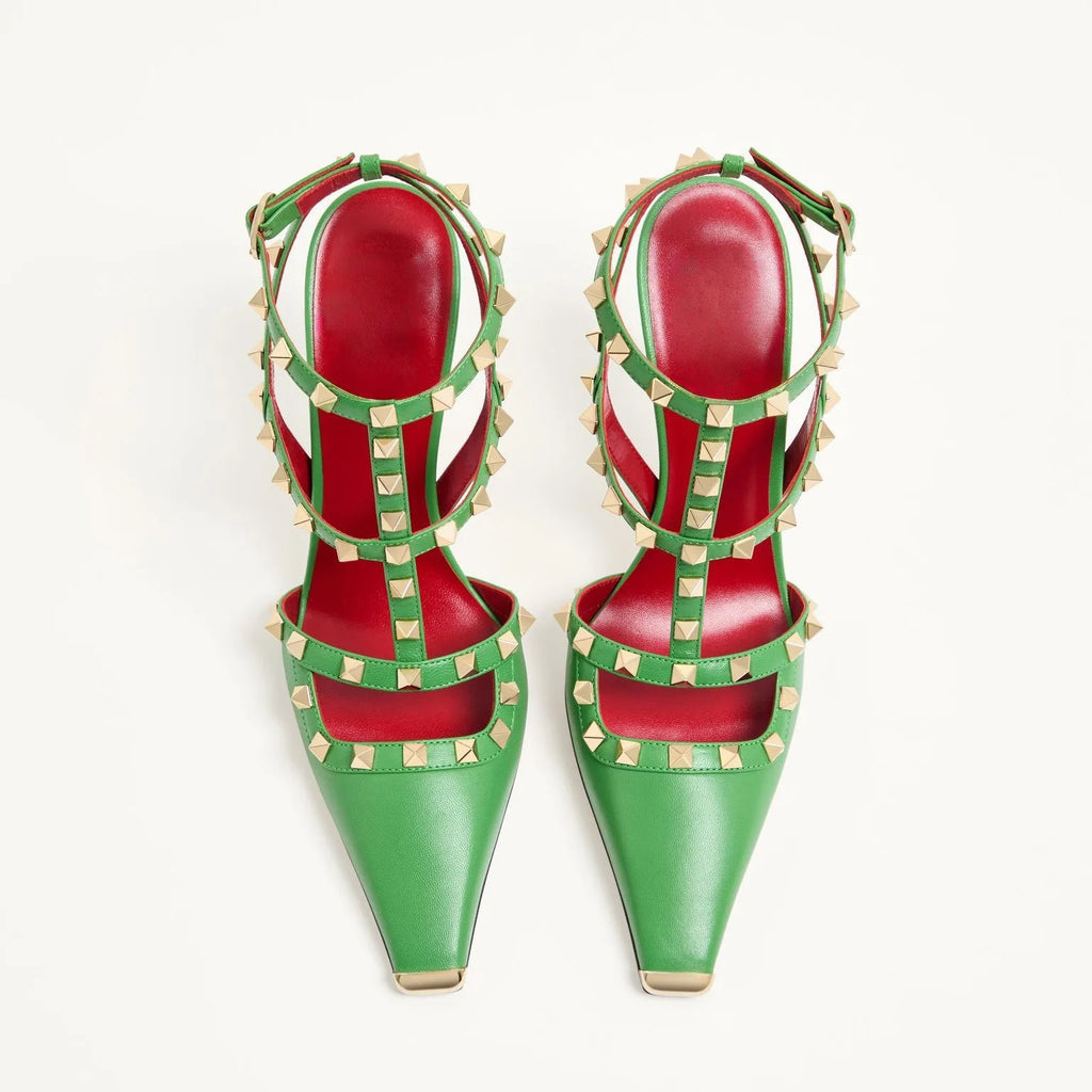 Studded High Heel Sandals – T-Strap Pointed Toe Stiletto Party Heels