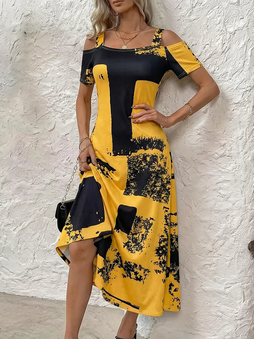Plus Size Yellow Black Abstract Print Cold Shoulder Maxi Dress Summer Casual Short Sleeve A Line Flowy Long Sundress