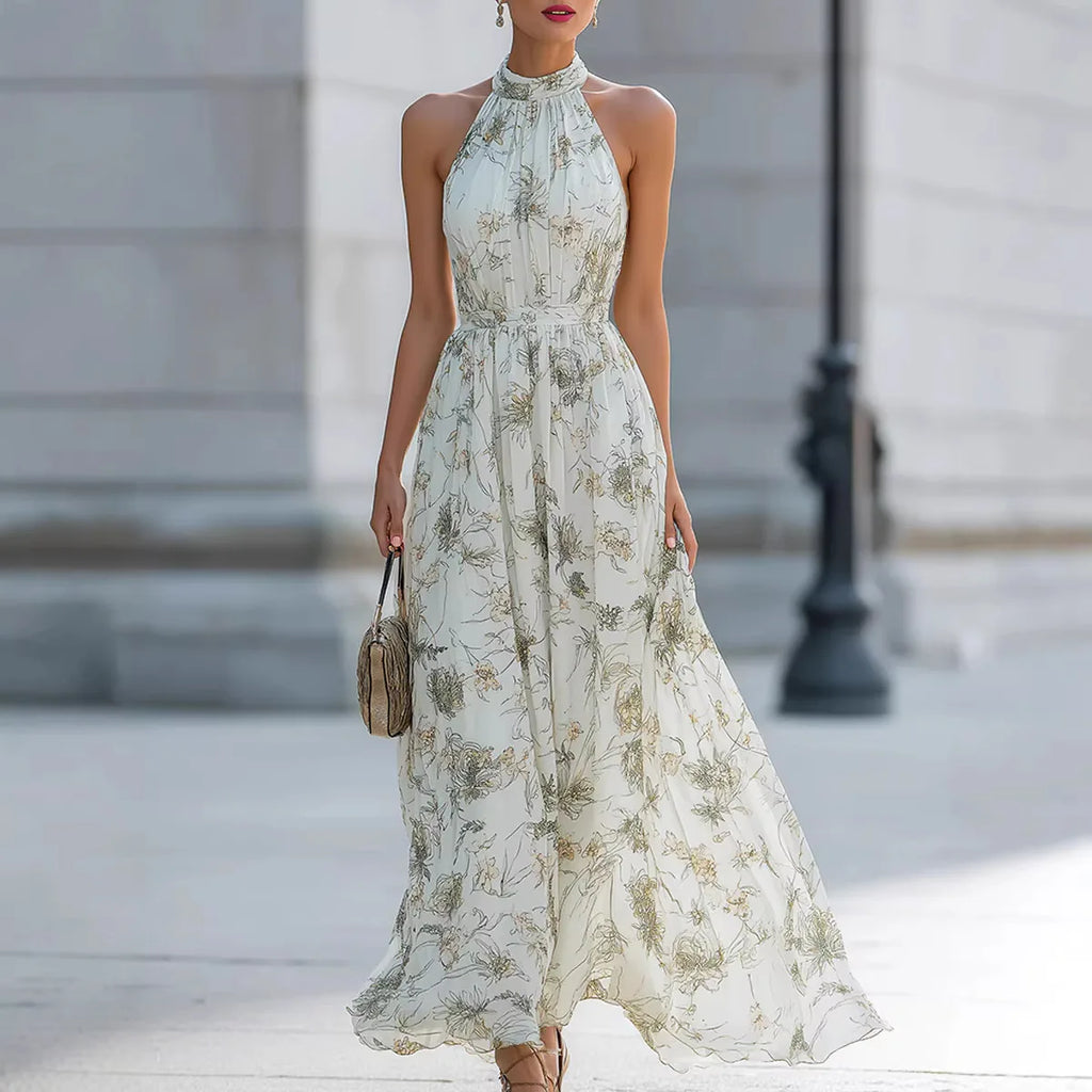 2026 Summer Women's New Style Halter Neck Floral Dress Women's French Style Waist Swing Dress