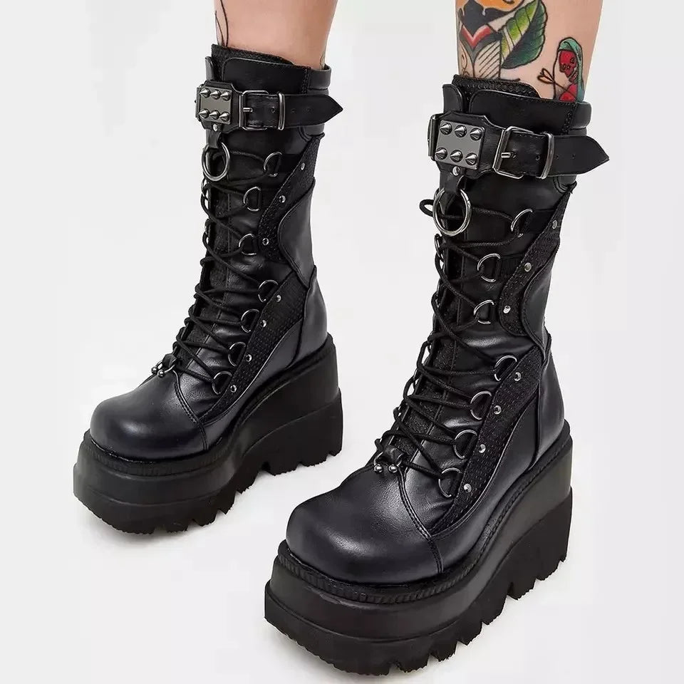 Rivet Buckle Punk Wedge Mid-Calf Boots – Goth Platform
