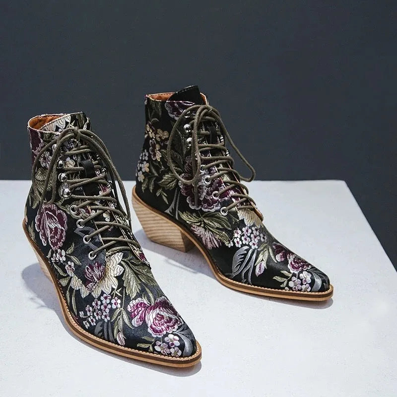 Floral Embroidered Silk Ankle Boots – Statement Heel