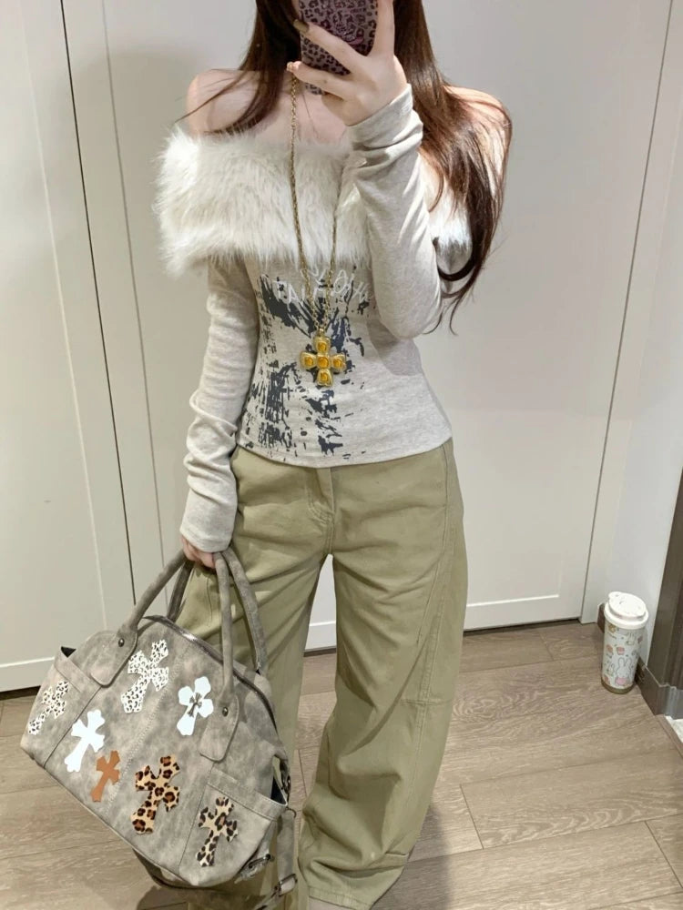 Subculture New Off Shoulder Slim T-Shirts Women Aesthetic Hot Girl Print Fur Collar Tees Female Design Y2k Gothic Base Shirt