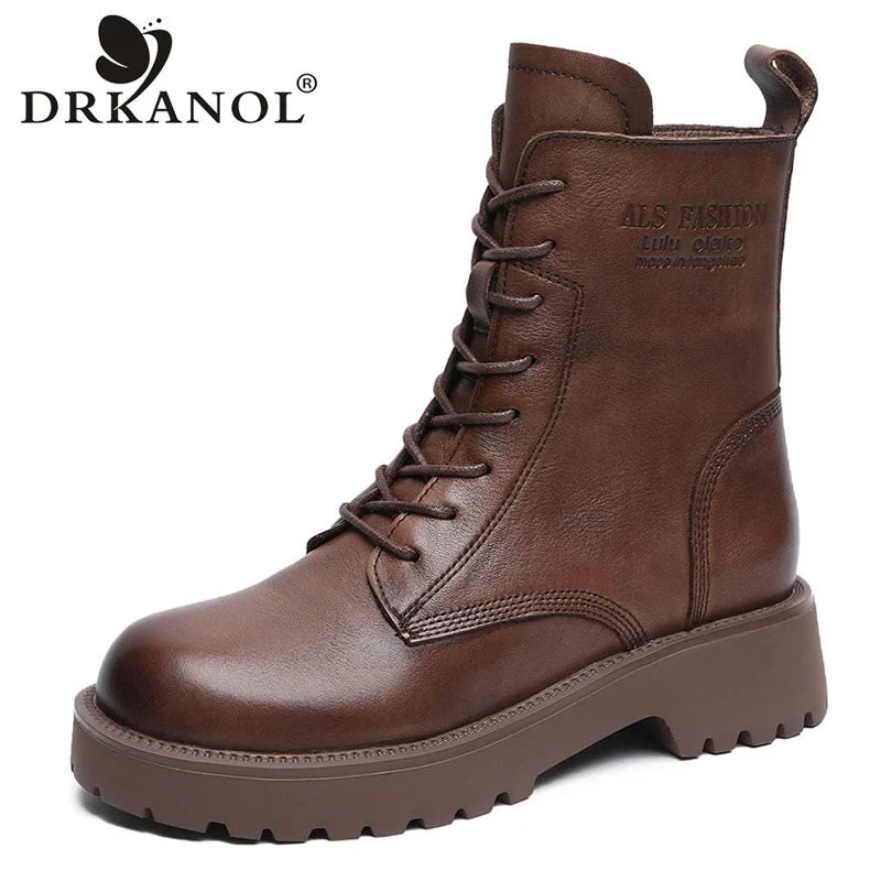 Handmade Cow Leather Mid-Calf Boots – Retro British