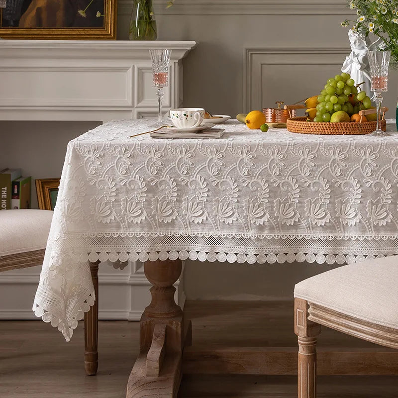 WHITE LACE TABLECLOTH - Cotton Floral Embroidery - Elegant Tables