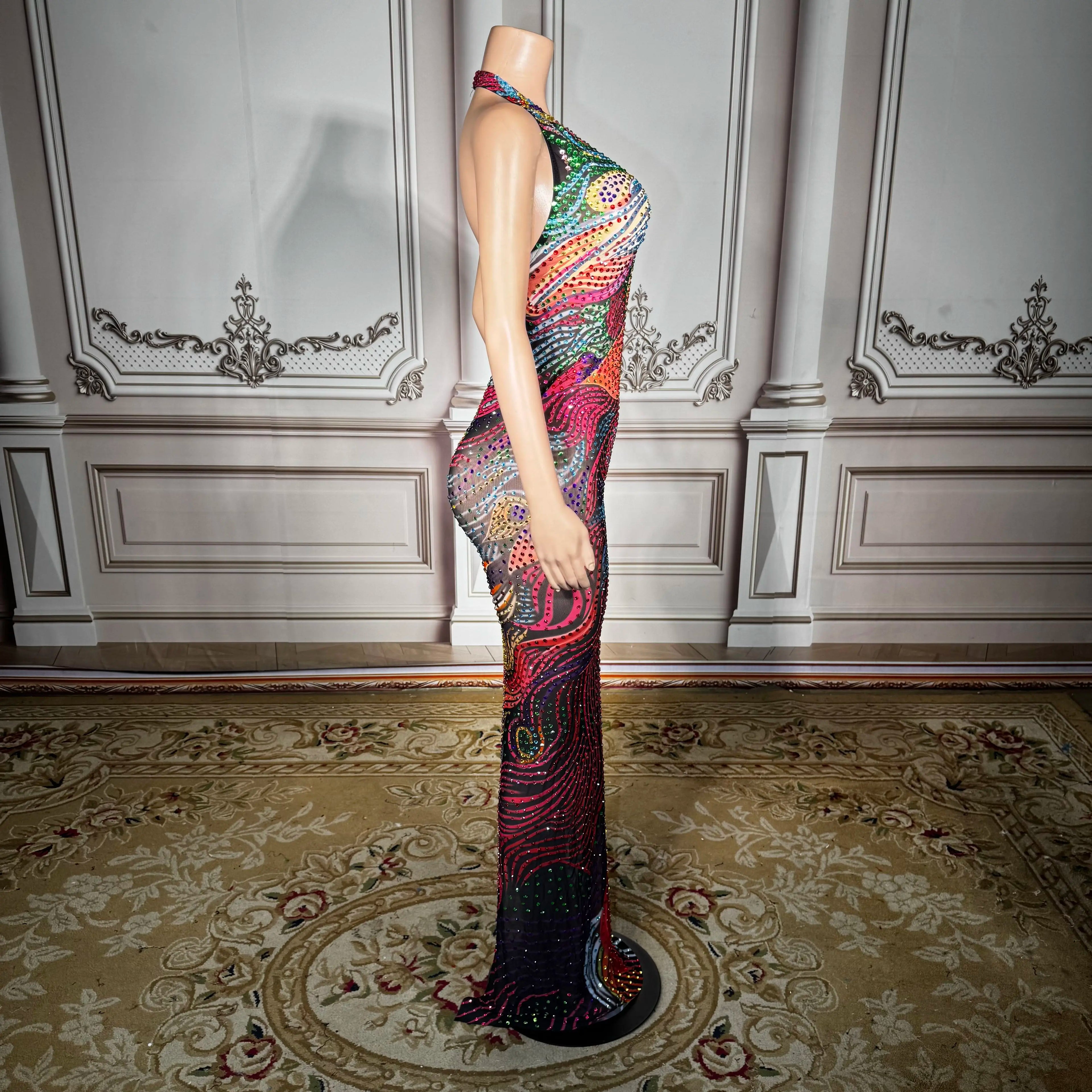 ZD ZD Plus Size Sexy Sheer Mesh Dress with Low Back & Colorful Rhinestones - Glamorous Nightclub & Party Gown for Women