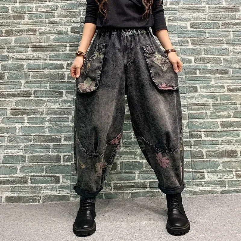 5XL Jeans 2024 Spring/Summer Fashion Printed Jeans Retro Washed Harem Pants Autumn Denim Pant Women Jeans Elastic Waist Trousers