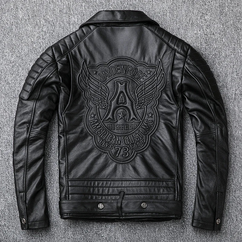 COWHIDE BIKER - Men's 100% Genuine Cowhide Leather Biker Jacket - Black, M–5XL