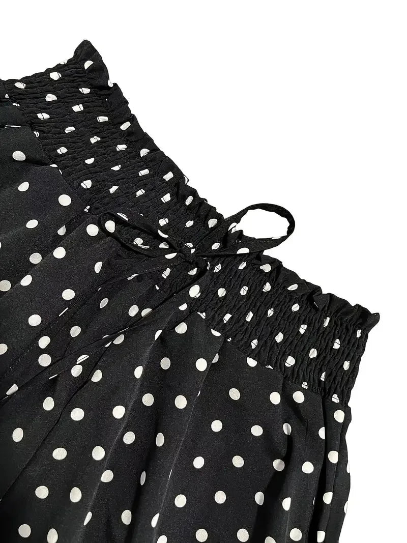 2025 Spring/Summer Bohemian Wide-Leg Pants with Elastic Waist and Polka Dot Print Long Skirt Pants for Women