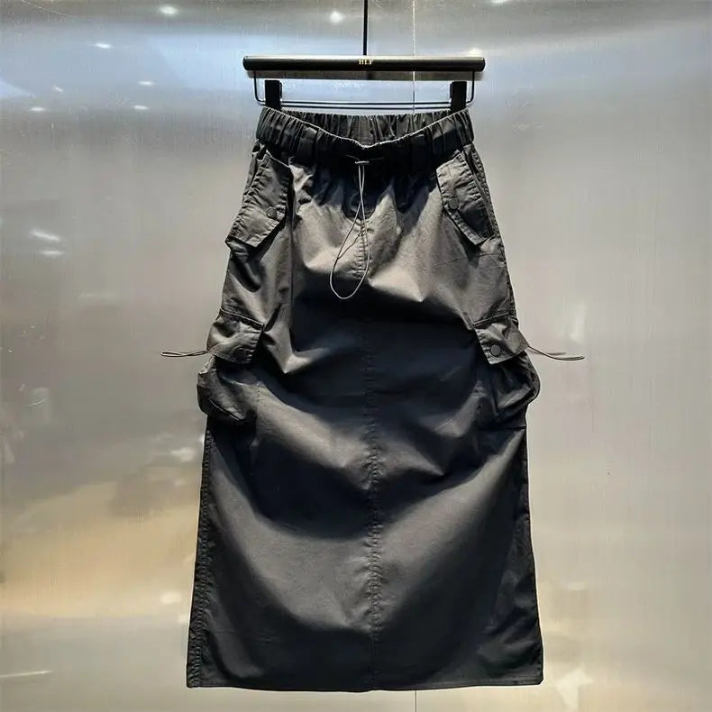 Women Y2k Cargo Long Skirt High Waist Drawstring Maxi Skirt Ruched Vintage Split Elastic Waist Cargo Skirt with Pockets