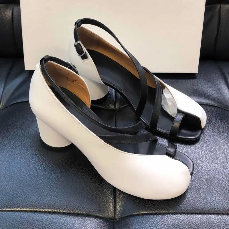 Summer Exposed Toe Ankle Strap Tabi Sandals Women Split Toe High Heels Women Round Heel Tabi Shoes Women Party Zapatos Mujer