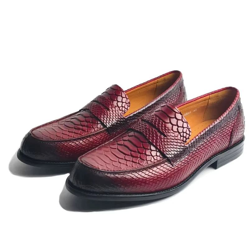 Men's Snake Print Penny Loafers - Genuine Leather Slip-On Pointed Toe Driving Shoes
