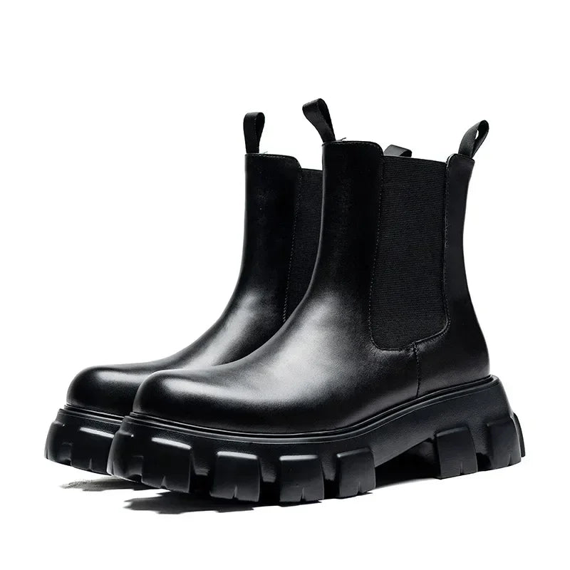 Men's Genuine Leather Platform Ankle Boots - Pointed Toe Zip Winter Boots British Style