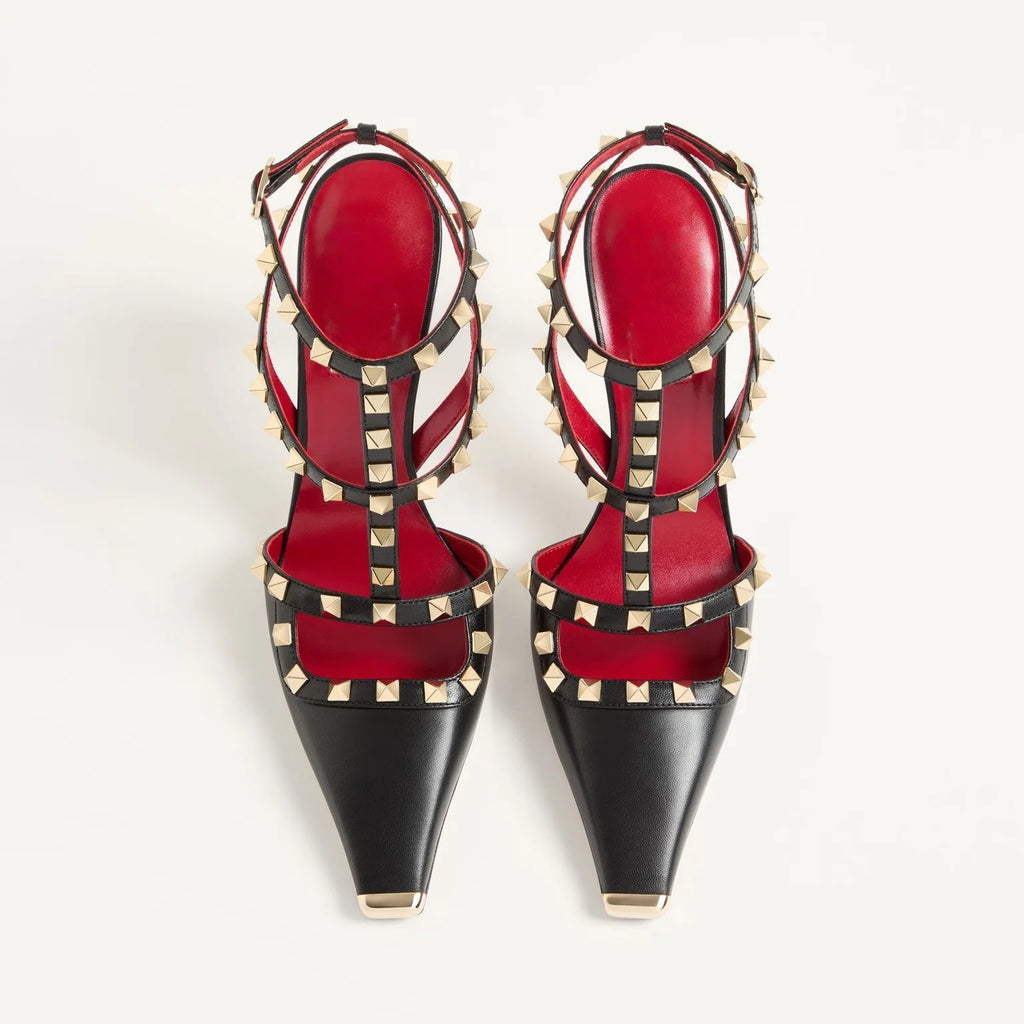 Studded High Heel Sandals – T-Strap Pointed Toe Stiletto Party Heels