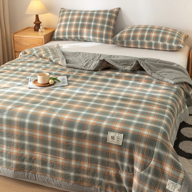 WASHED COTTON SUMMER COMFORTER - Pure Cotton Fill, Quilted Plaid - Cool Nights