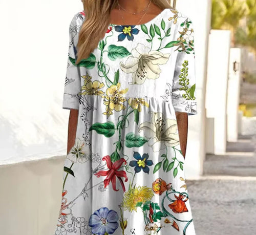 2026Summer New Arrival Women's Casual Crew Neck Pocket Short Sleeve Printed Dress