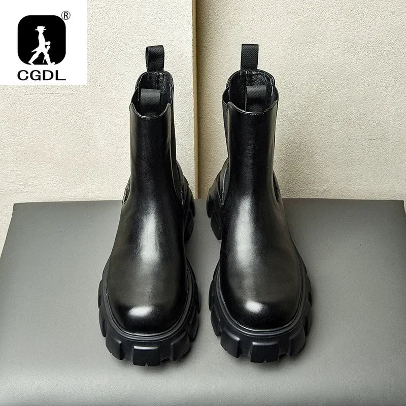 Men's Genuine Leather Platform Ankle Boots - Pointed Toe Zip Winter Boots British Style