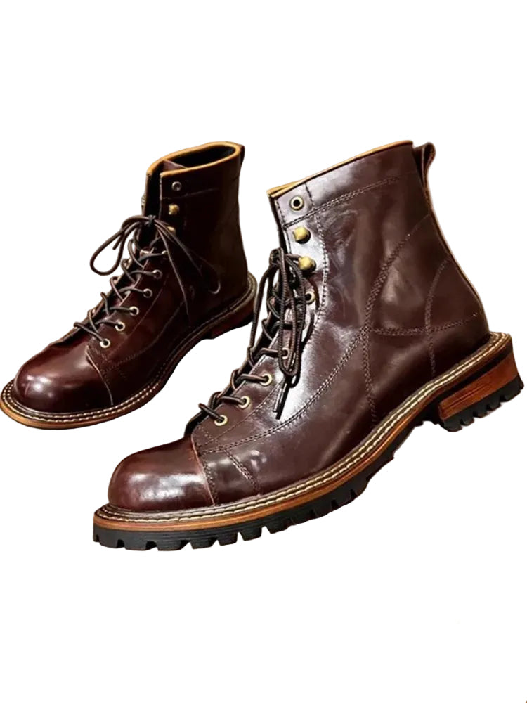 Men's Oil Wax Cowhide Leather Ankle Boots - Handmade Lace-Up Motorcycle British Style