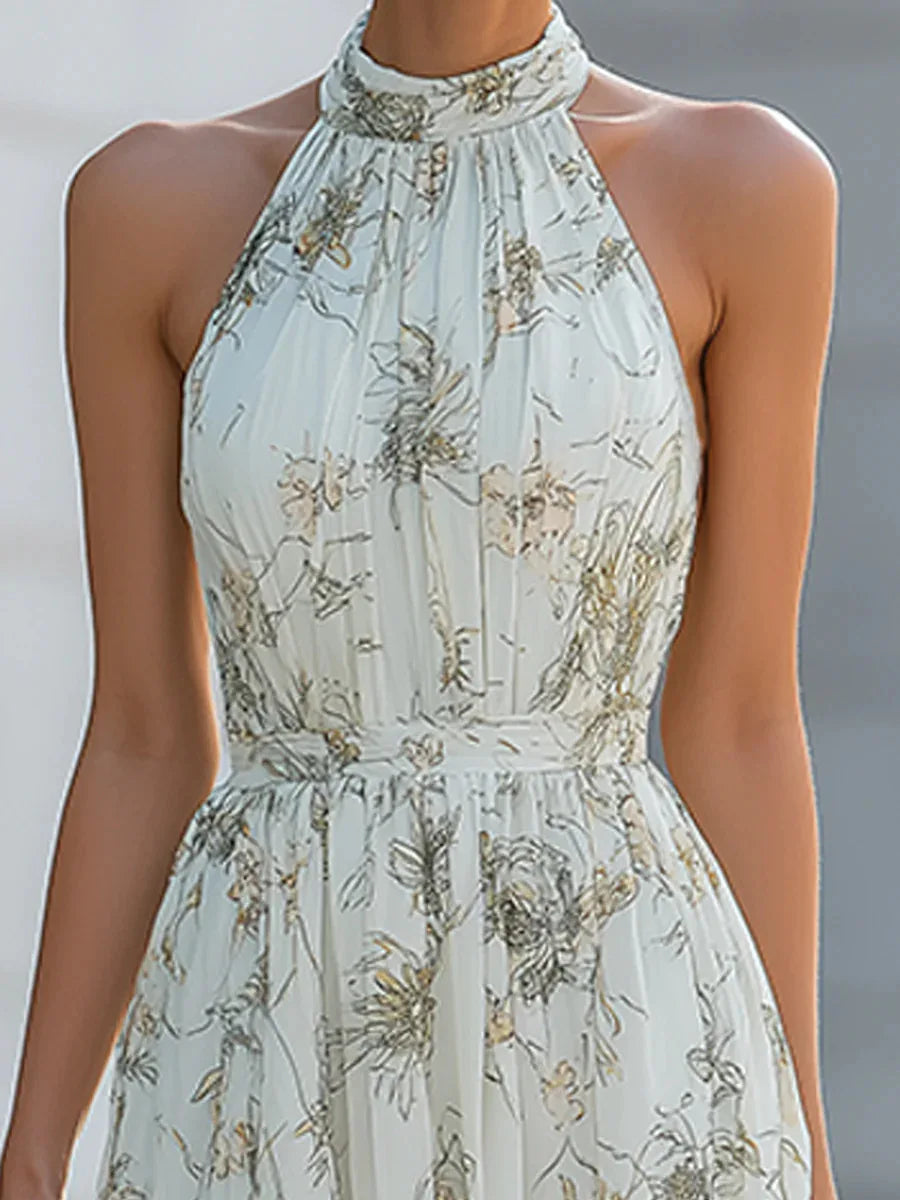 2026 Summer Women's New Style Halter Neck Floral Dress Women's French Style Waist Swing Dress