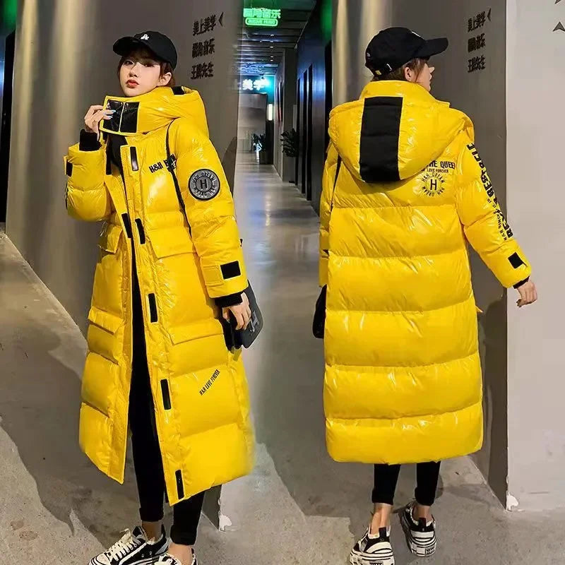 Glossy Puffer Parka – Hooded Windproof Long Coat