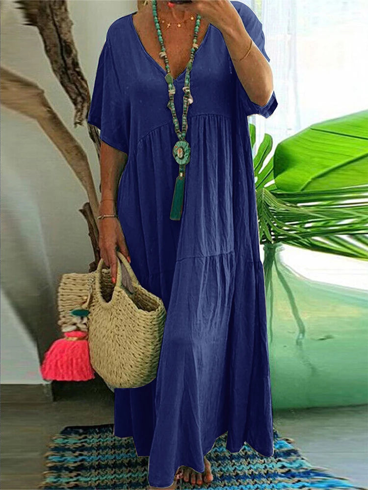 Plus Size 2025 Summer New V-neck Short Sleeve Pleated Solid Color Loose Casual Midi Dress Basic Hem Pleated