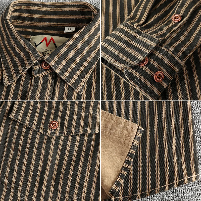 RETRO STRIPE - Men's Casual Shirt - Washed Cotton, Multi-Pocket, Autumn Style