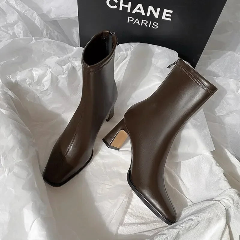Square Toe Ankle Boots – Thick Heel Cotton Lined