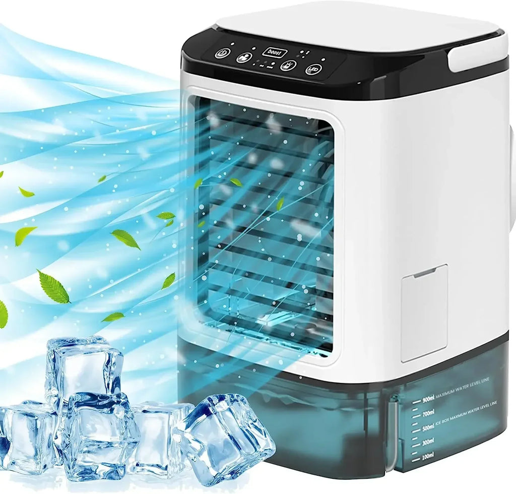 Portable Mini Air Conditioner – 900ml Mist Cooler Fan Humidifier Night Light