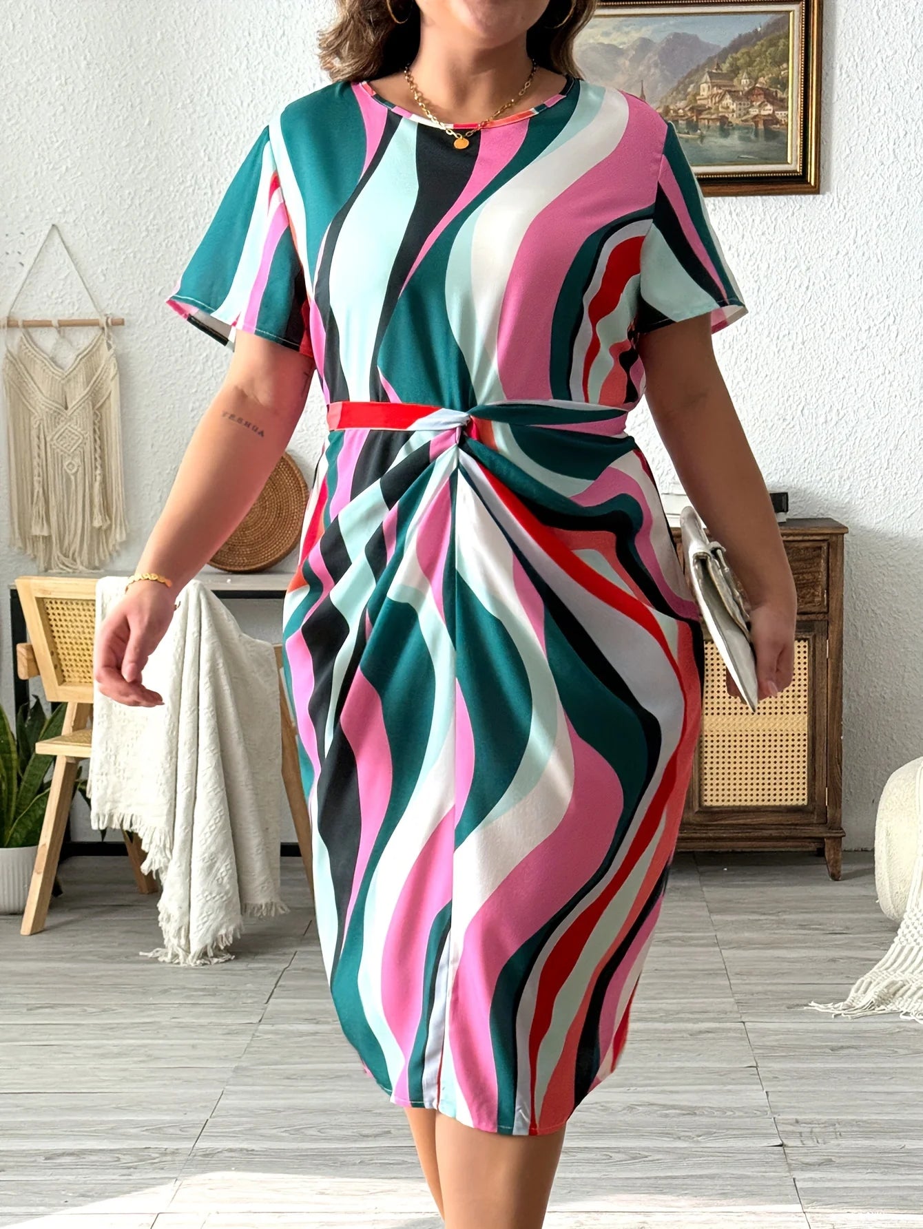Plus Size Geometric Print Belted Dress, Elegant Crew Neck Cap Sleeve Dress For Spring & Summer, Women's Plus Size Clothing