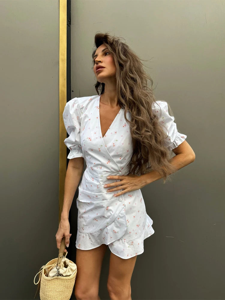 Fashion Printed Short Puff Sleeve Women's Summer Dress Y2k Sexy V-neck Layered Ruffle Hem Corset Skirt Vestidos 2026 Outfit New