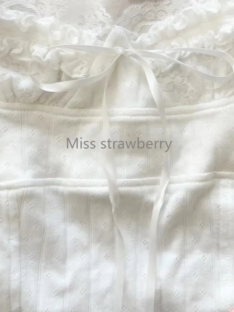 Summer Vintage Short Sleeve White Lace T-Shirts Women Design Chic Square Neck Lace Up Shirts Fashion Sweet Skinny Short Tops New