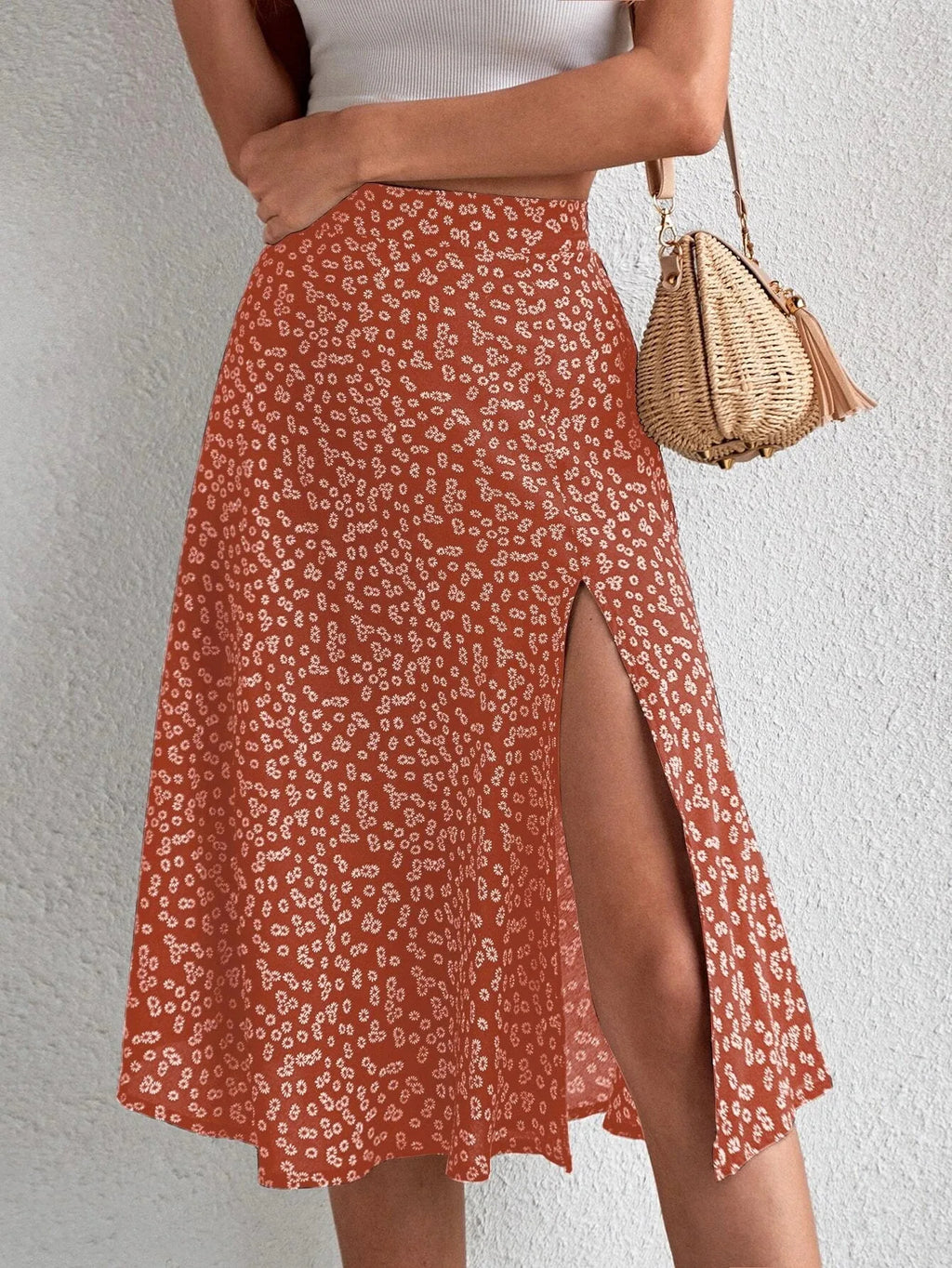 Spring and Summer New Women's Versatile Floral Zipper Split A-Line Skirt