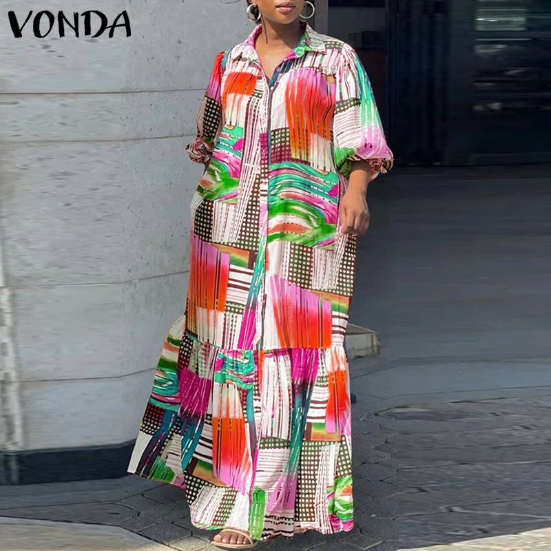 VONDA Plus Size 5XL Bohemian Printed Dress Autumn Women Elegant Long Sleeve Vintage Maxi Sundress Casual Button Loose Party Robe