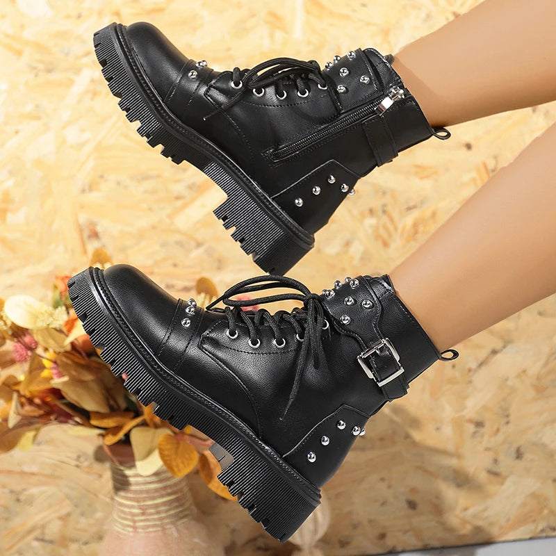 Rivet Punk Ankle Boots – Lace-Up Platform