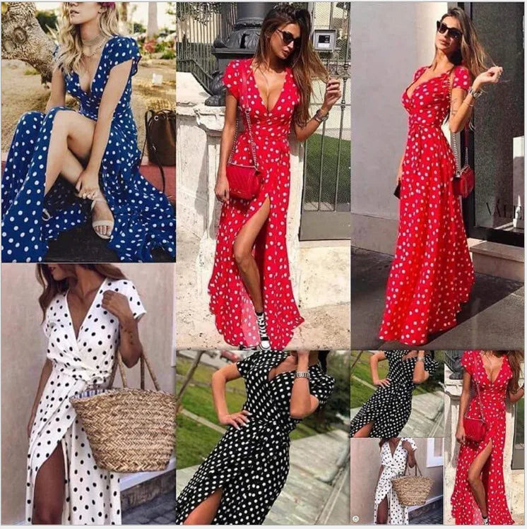 1pc Colorful Polka Dot Printed Maxi Dresses Women Summer V-Neck Short Sleeved Slit Long Dress Robe