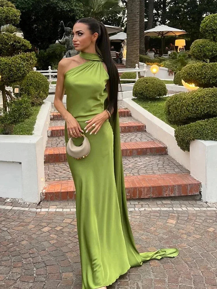 Satin Ribbon Halter Long Dresses Women's Backless Casual Maxi Dress Evening Wedding Guest White Blue Green Summer Graduation New